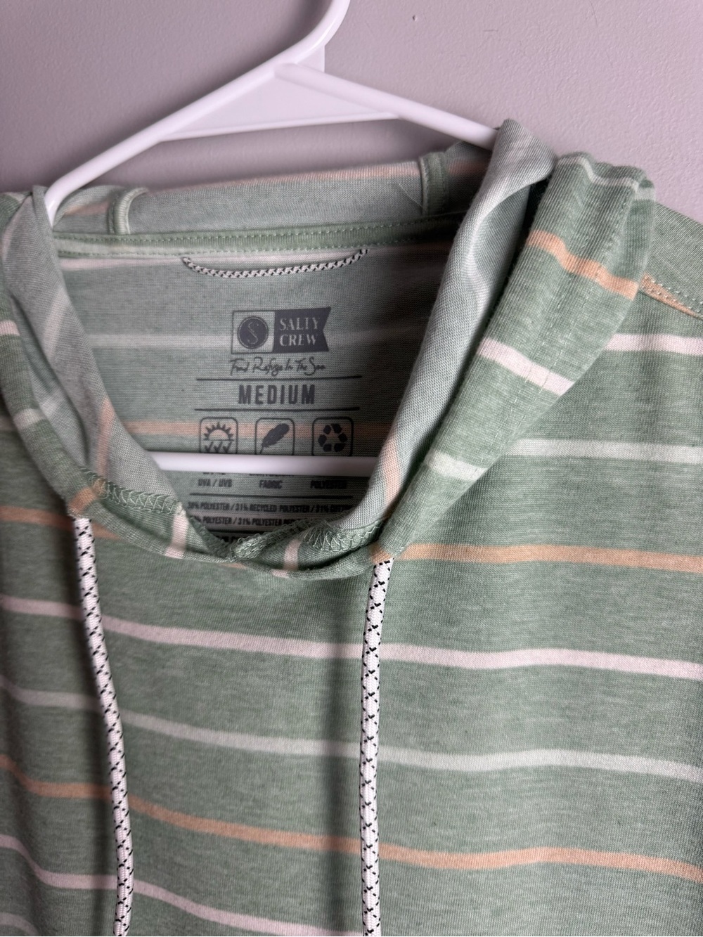 Salty Crew Men’s Green White Striped Hooded Pullover Jacket SZ M 40 UPF Casual